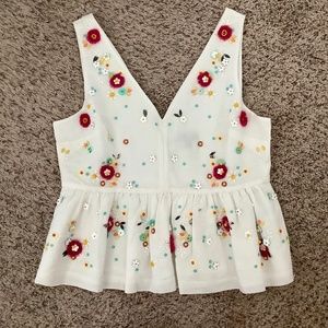J.Crew white top with flower beads hand sewn on!